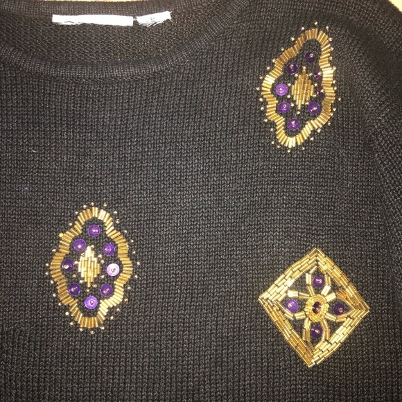 VINTAGE Sweater Womens medium Black Knit Beaded Pullover Ugly Christmas Sequin - Picture 7 of 8